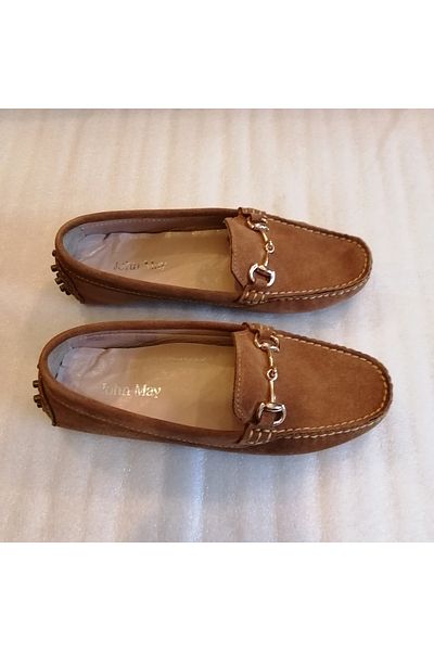 John May Tan Colored Women's Loafer - Genuine Leather, Suede Handmade, Thin Stiff Crampon, Non-Slip Sole