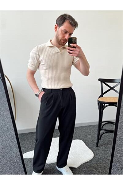 ketench Men's Pleated Baggy Elastic Waist Fabric Trousers-Black(E1010)