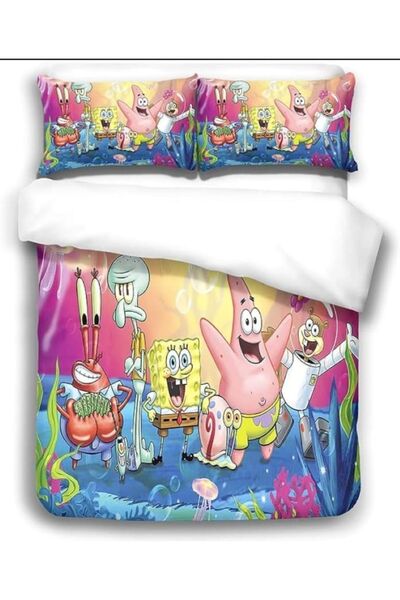 Elmas Dizayn 3D CHILDREN'S Duvet Cover Set 160*240 CM WHITE PINK BLUE SPONGEBOB ANTIBACTERIA ORGANIC COTTON&SATEN
