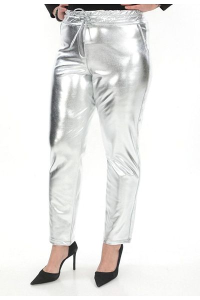 AKŞEN GİYİM LARGE SIZE SILVER SILVER COLOR LACE-UP WAIST THIN CHARDED INSIDE LEATHER PANT