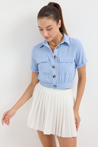 hazelin Jachetă de cămașă crop pentru femei Ice Blue - buzunar și nasturi, mânecă scurtă, vară HZL22S-BD106631