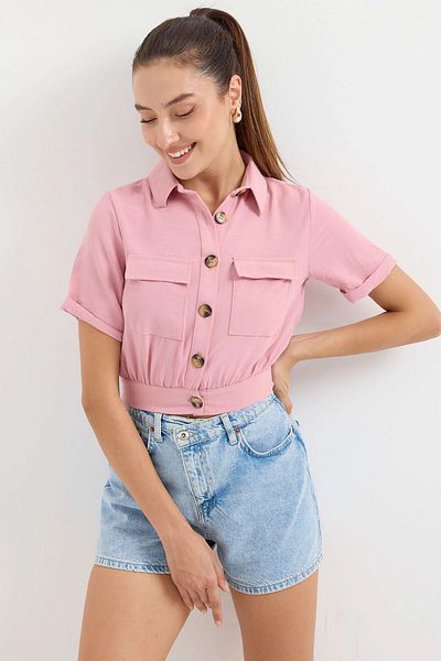 hazelin Dried Rose Women's Crop Shirt - Pocket and Button, Short Sleeve, Summer HZL22S-BD 106631