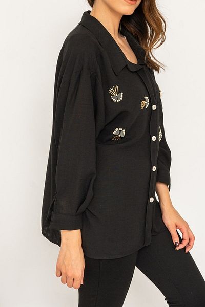 Suzi butik Cămașă oversize cu umăr dezactivat brodat pentru femei