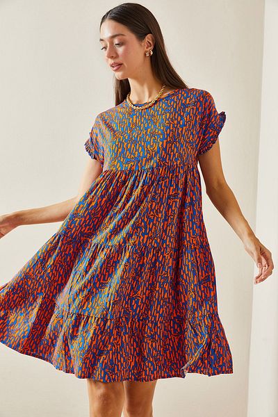 XHAN Blue Patterned Crew Neck Robe Mini Dress 5Yxk6-48873-12