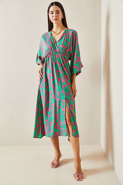 XHAN Fuchsia Patterned Double-Breasted Midi Dress - Slit, 5Yxk6-48864-07