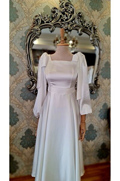 makbuleofficial Ekru Beyaz Saten Kumaştan, Fiyonklu Balon Kollu,midi Boy Söz Nişan Nikah Elbisesi