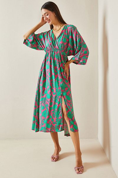 XHAN Fuchsia Patterned Double-Breasted Midi Dress - Slit, 5Yxk6-48864-07