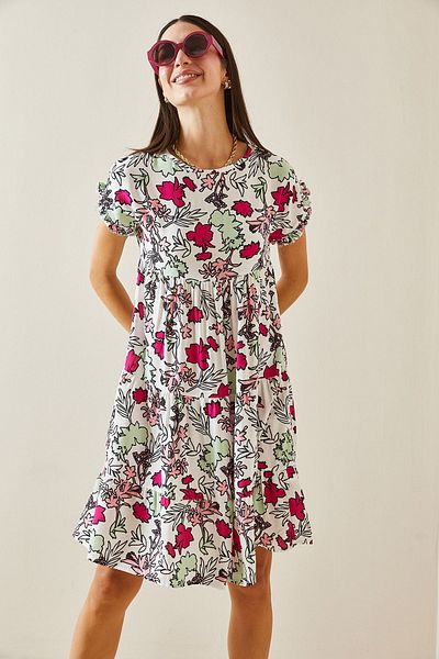 XHAN White Floral Print Crew Neck Robe Mini Dress 5Yxk6-48872-01