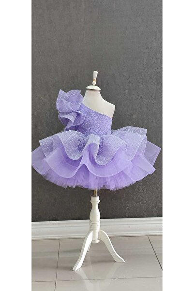 NGS STİL Benekli Tül Kaplama Tek Omuz Gül Kol Elbise