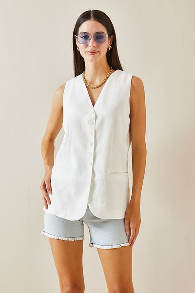 XHAN White Buttoned & Pocket Midi Vest 5Yxk4-48883-01