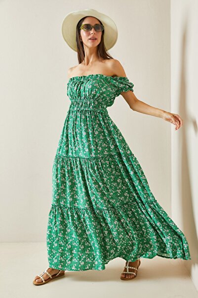 XHAN Yeşil Desenli Kayık Yaka Maxi Elbise 5YXK6-48870-08