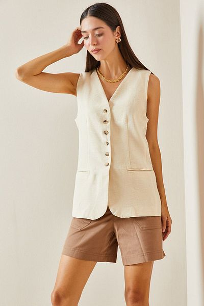 XHAN Beige Buttoned & Pocket Midi Vest 5Yxk4-48883-25