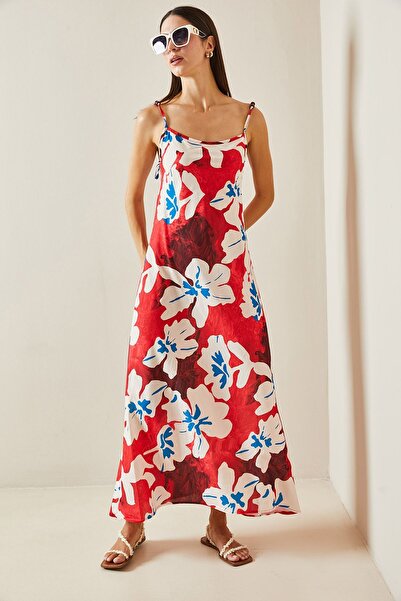 XHAN Kırmızı Boncuk Askılı Desenli Maxi Elbise 5YXK6-48879-04