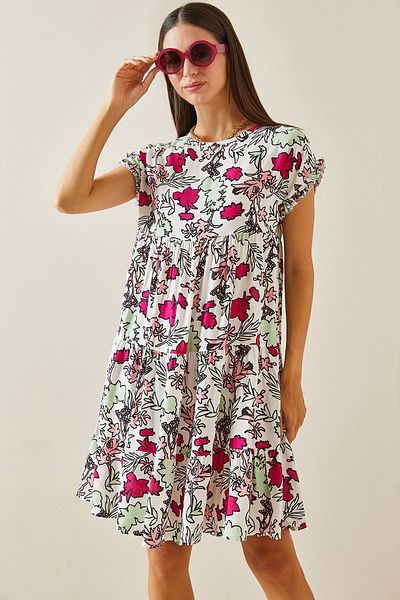 XHAN White Floral Print Crew Neck Robe Mini Dress 5Yxk6-48872-01