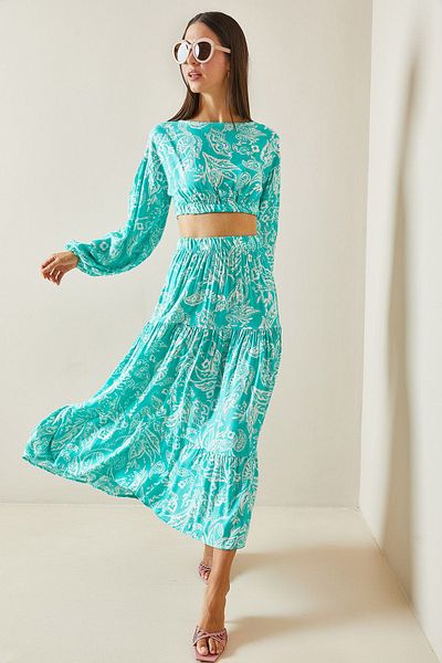 XHAN Water Green Patterned Casual Crop Double Suit 5Yxk8-48886-38