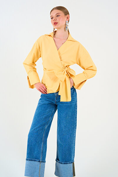 LOOSH Kadın Sarı Kruvaze Yaka Bağlama Detaylı Pamuklu Bluz Gömlek