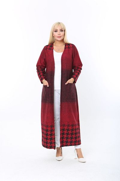 ElisaOtantik Women's Large Size Jacquard Houndstooth Pattern Long Claret Red Cardigan