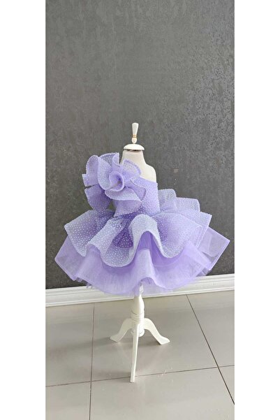 NGS STİL Benekli Tül Kaplama Tek Omuz Gül Kol Elbise