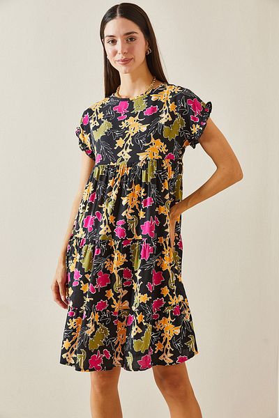 XHAN Black Floral Print Crew Neck Robe Mini Dress 5Yxk6-48872-02