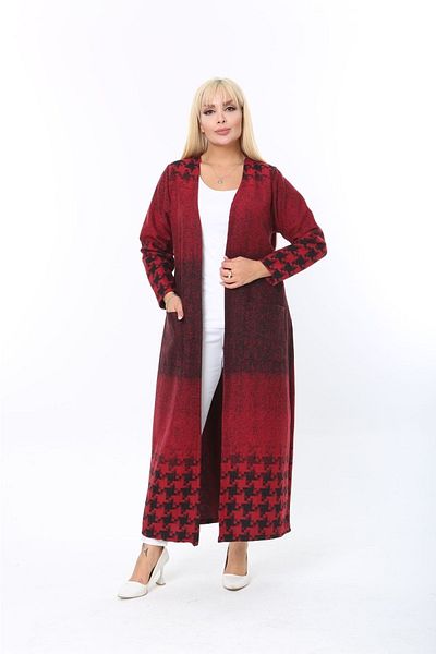 ElisaOtantik Women's Large Size Jacquard Houndstooth Pattern Long Claret Red Cardigan