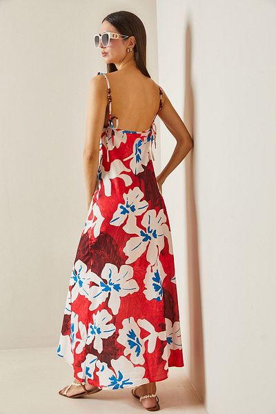 XHAN Red Beaded Strappy Patterned Maxi Dress 5Yxk6-48879-04