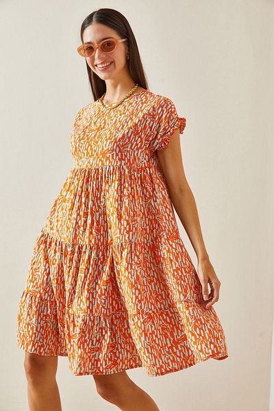 XHAN Orange Patterned Crew Neck Robe Mini Dress 5Yxk6-48873-11