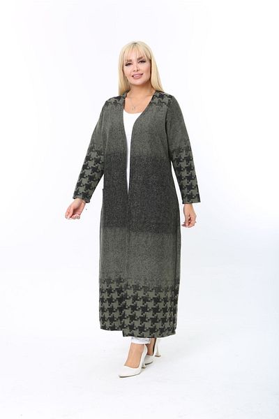 ElisaOtantik Women's Large Size Jacquard Houndstooth Pattern Long Khaki Cardigan
