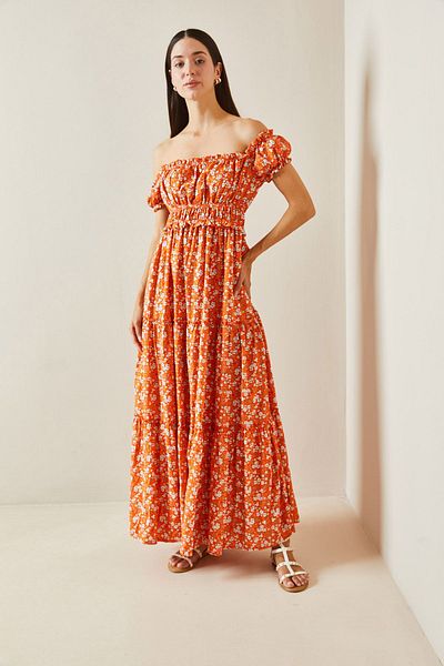 XHAN Orange Patterned Boat Neck Maxi Dress 5Yxk6-48870-11