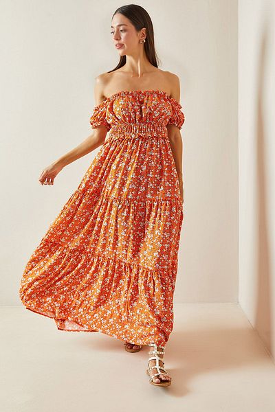 XHAN Orange Patterned Boat Neck Maxi Dress 5Yxk6-48870-11