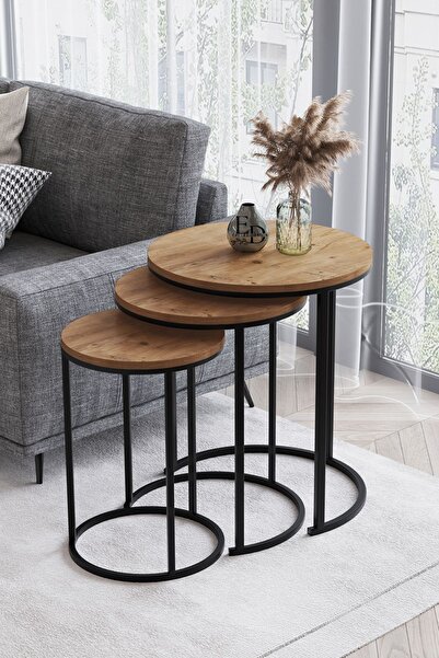 ED Efelez Design Zigon Sehpa , Paris 3'lü C Zigon Sehpa Takımı , Siyah Metal - Atlantik Çam Tabla