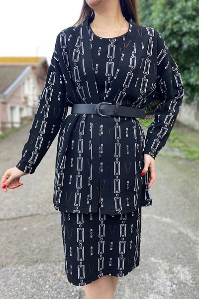 Samsara Black Midi Length Knitted Fabric Cardigan Blouse Pencil Skirt Triple Set