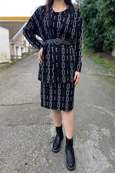 Samsara Black Midi Length Knitted Fabric Cardigan Blouse Pencil Skirt Triple Set