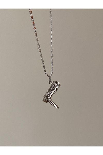 Nurşah Özcan Store Silver Embroidered Cowboy Boot Necklace, Patterned Chain Necklace