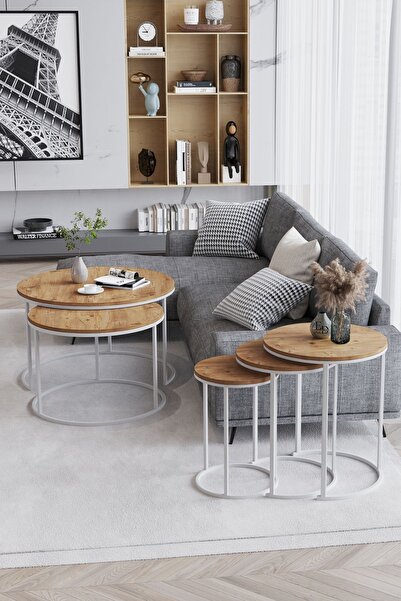 ED Efelez Design Zigon Sehpa , Paris 3'lü C Zigon Sehpa Takımı , Beyaz Metal - Atlantik Çam Tabla