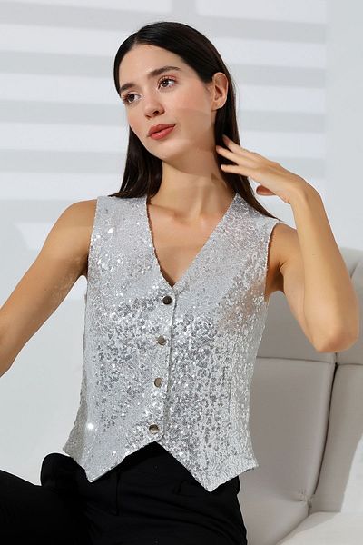 Mois Atelier V-Neck White Sequined Vest - Gift, Large Size