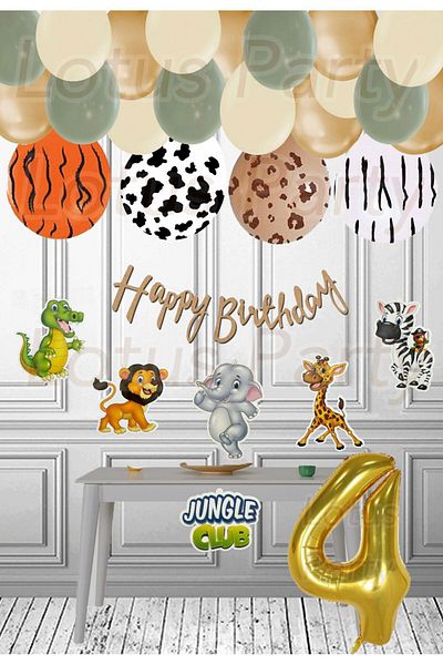 LOTUS PARTY Σετ Jungle Club - Σετ γενεθλίων με θέμα Safari με στάμπα Safari Banner Safari με στάμπα μπαλόνι Ηλικία 4