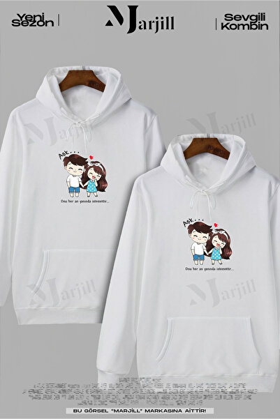 Marjill Σετ φούτερ με λευκή κουκούλα Love Themed Couple Lover - 2 τεμαχίων