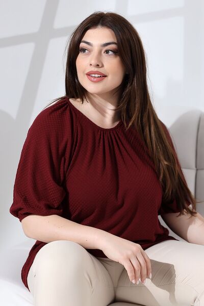 Şiir Torez Jacquard Combed Raglan - Plus Size Blouse with Bat Sleeve and Drawstring Detail