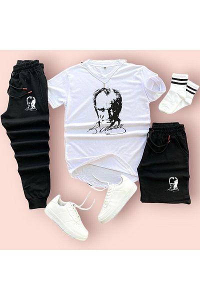 YOHO SPORT Mustafa Kemal Atatürk Printed Original Unisex Summer Shorts T-shirt Sweatpants 3 Piece Set Combination Set