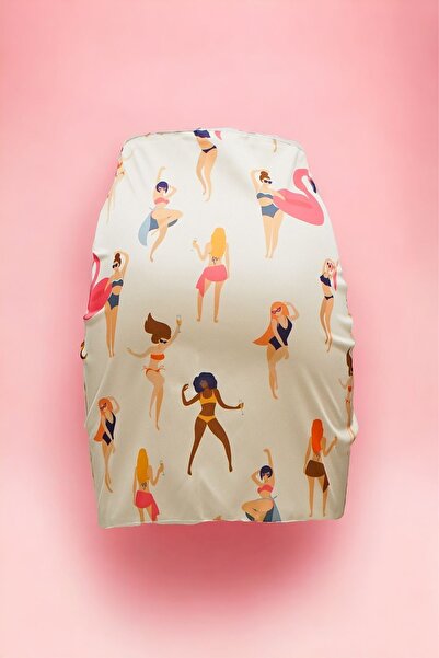 pistore New Season Cream Dancing Flamingo Patterned Satin Women's Beach Dress - Short Pareo