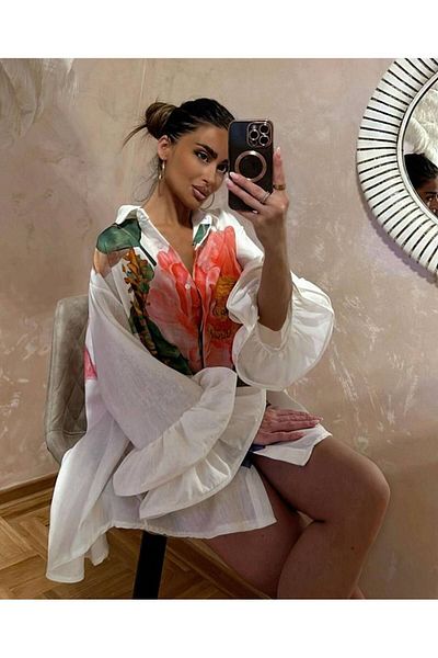Pulli Collection Φόρεμα λινό πουκάμισο - στάμπα λεπτομέρειας και μανίκια με βολάν