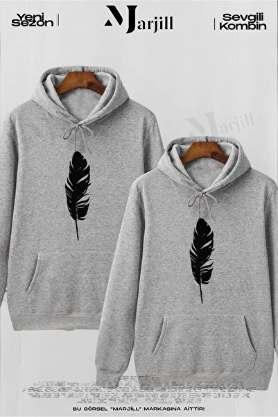 Marjill Комплект от 2 части, сив суитшърт с качулка и щампа с перо Couple Lover