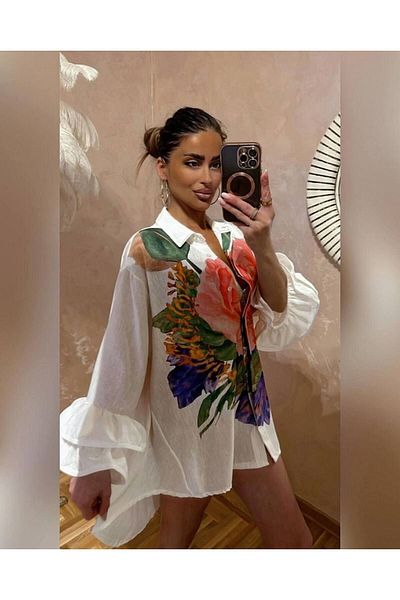 Pulli Collection Φόρεμα λινό πουκάμισο - στάμπα λεπτομέρειας και μανίκια με βολάν