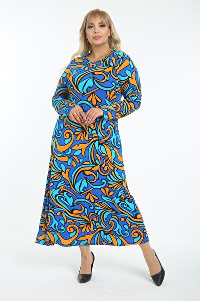 Hazinedan Women's Turquoise Ethnic Pattern Collared Plus Size Dress
