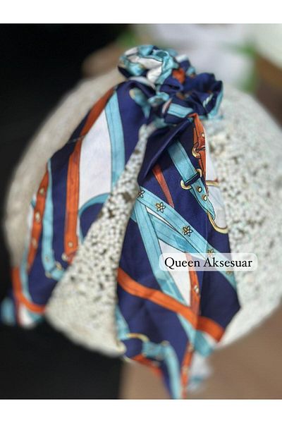 QUEEN AKSESUAR Trend Fashion - Navy Blue Satin Scarf, Elastic Chain Belt and Motif Pattern Shawl Scarf