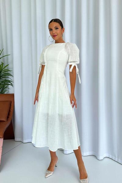 Mine Tan Butik Λευκό μπαλόνι μανίκι και σταυρός πίσω μάξι φόρεμα