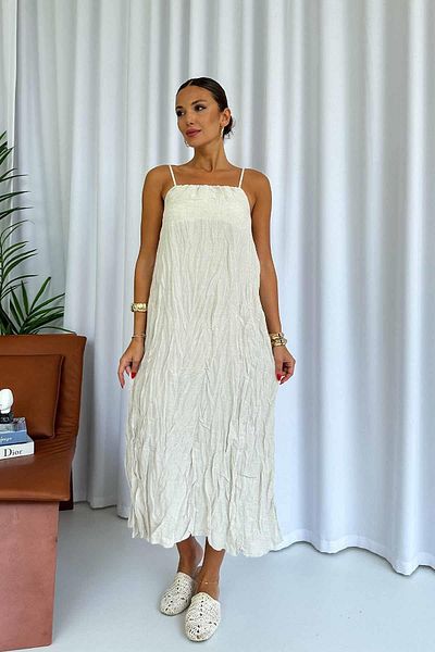 Mine Tan Butik Λινό Αμάνικο Λεπτό Γυναικείο Φόρεμα - Εκρού