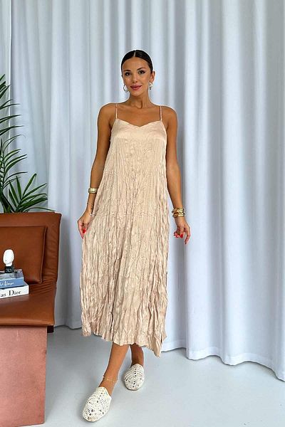 Mine Tan Butik Σατέν Γυναικείο Φόρεμα - Λεπτό λουράκι, Αμάνικο, Ζαρωμένο - Σαμπάνια