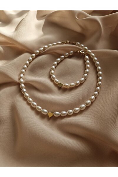 babel Gerçek İnci Kalpli Kolye Bileklik Set