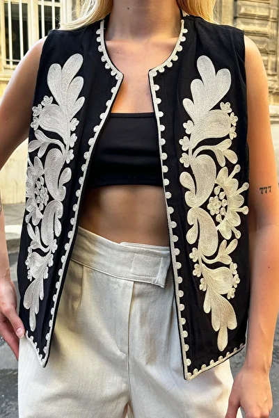 VAGGON Beige Embroidered Linen Women's Vest - Special Design Prm0985